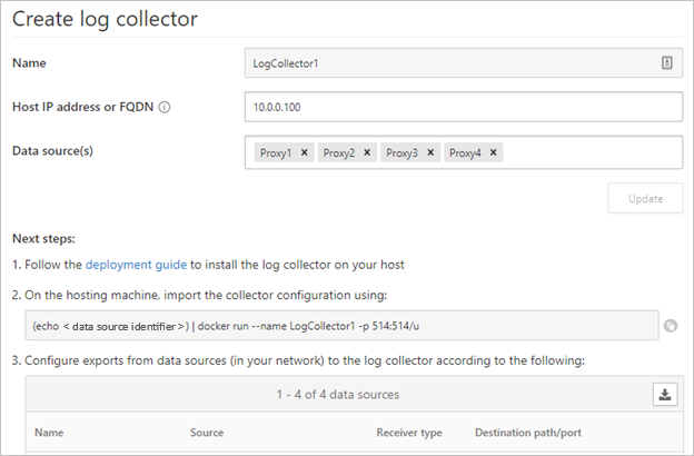 Screenshot of the log collector wizard showing the generated run command available to copy.