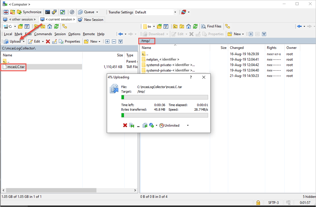 Screenshot of WinSCP transfer window showing the log collector image file being uploaded to the destination host.