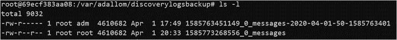 Screenshot of uploaded log files in the discoverylogsbackup directory showing collected Syslog entries.