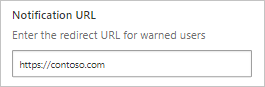 Screenshot of Microsoft Defender for Endpoint Cloud Discovery settings showing the Notification URL field for monitored app warnings.