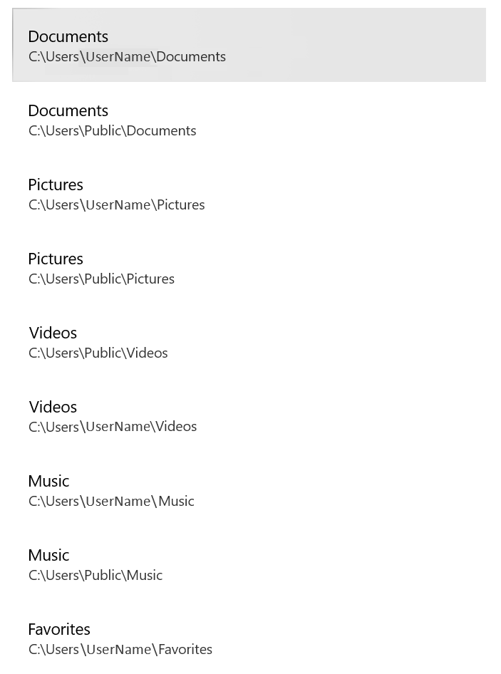 Screenshot of the Windows user profile showing the default system folders protected by controlled folder access, such as Documents, Pictures, and Music.
