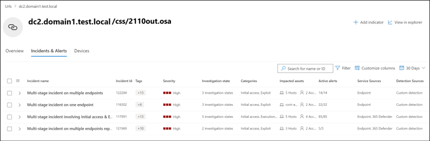 Screenshot of the Incidents and alerts tab listing incidents associated with the URL or domain.