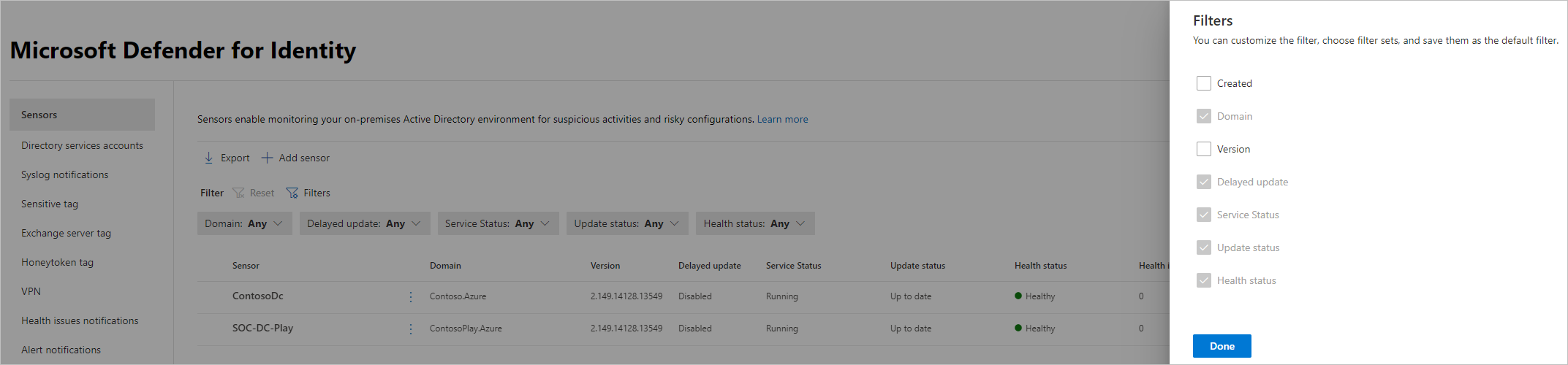 Screenshot of sensor filters.