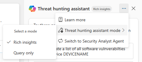 Screenshot of the Threat hunting assistant mode submenu in the Security Copilot side pane, showing Rich insights selected and Query only available.