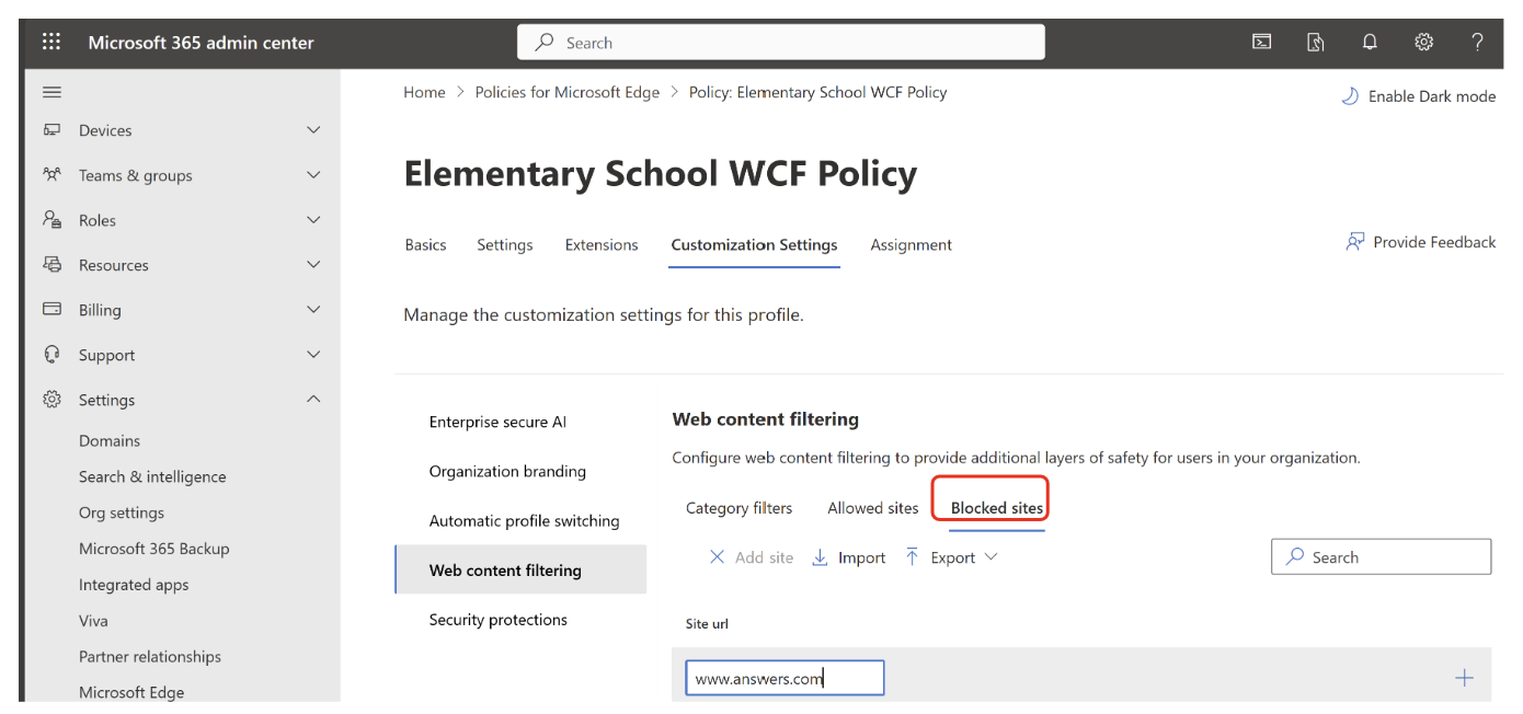 Enter URL for blocked sites in Web content filtering.