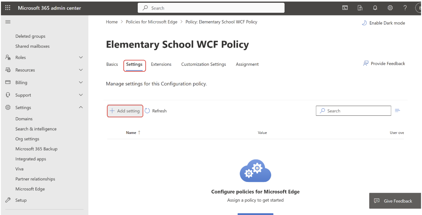 Open policy configuration page to add a setting.