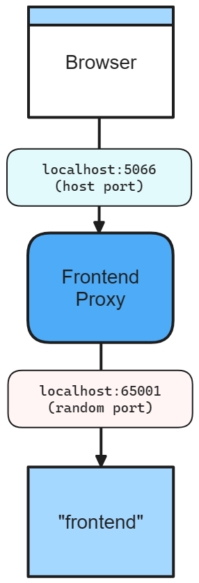 .NET Aspire frontend app networking diagram with specific host port and random port.