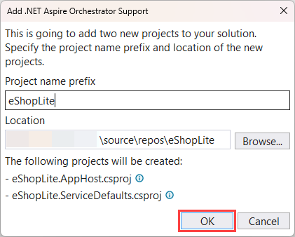 Screenshot of the Add .NET Aspire Orchestrator Support dialog.