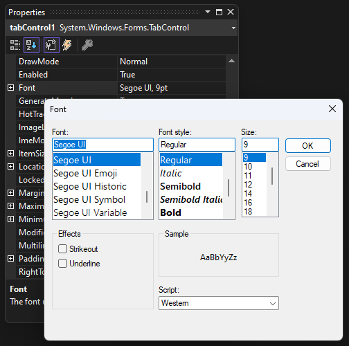 The Visual Studio Font dialog for a Windows Forms app.