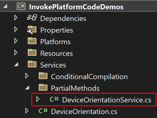 DeviceOrientationService class in the Services folder screenshot.