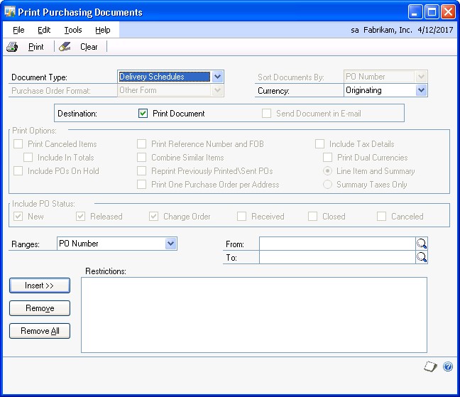 Screenshot of the Print Purchasing Documents window.