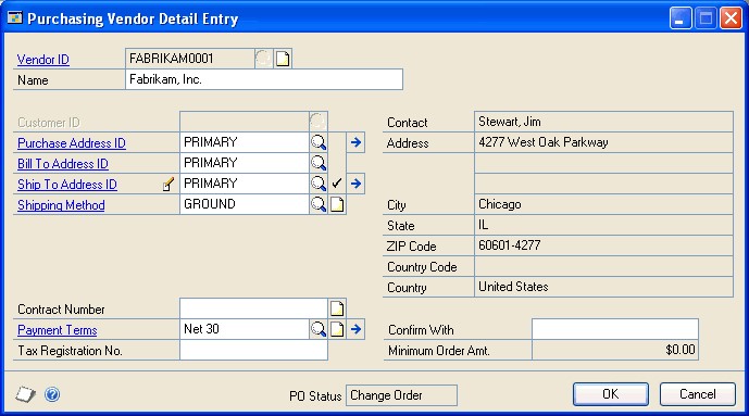 Screenshot that shows the Purchasing Vendor Detail Entry window.