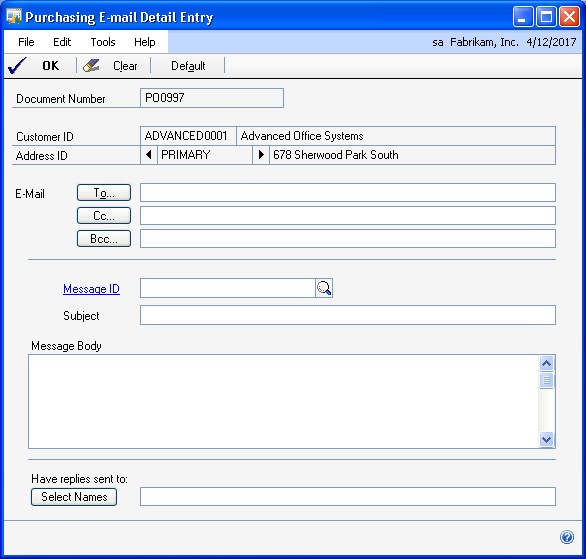 Screenshot that shows the Purchasing E-mail Detail Entry window.