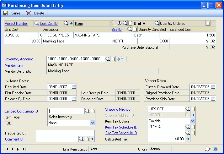 Screenshot that shows the Purchasing Item Detail Entry window.