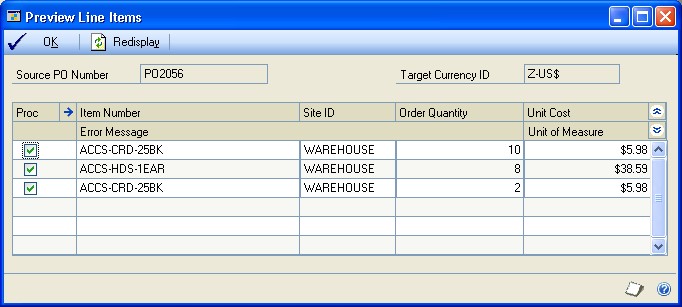 Screenshot that shows Preview Line Items window.