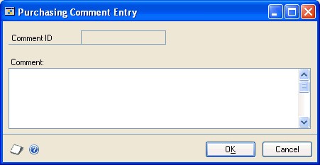 Screenshot that shows the Purchasing Comment Entry window.