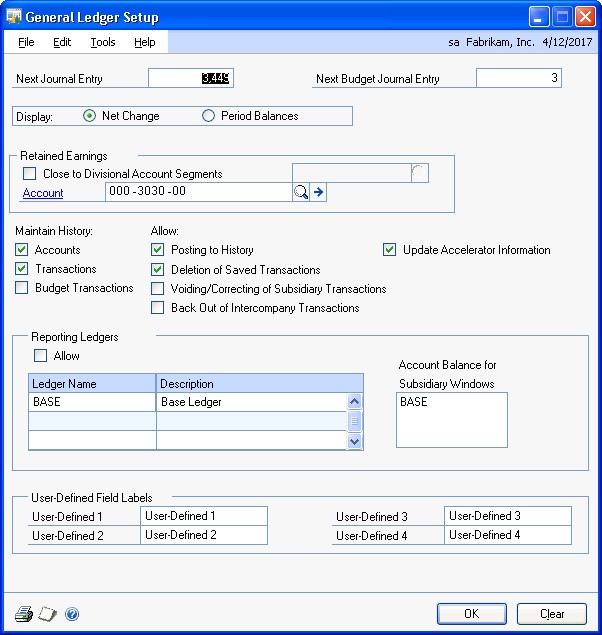 Screenshot of the General Ledger Setup window.