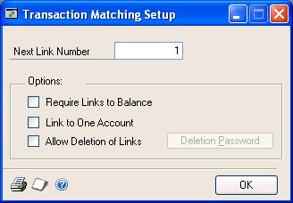 Screenshot that shows the Transaction Matching Setup window.