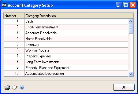 Screenshot that shows the Account Category Setup window.