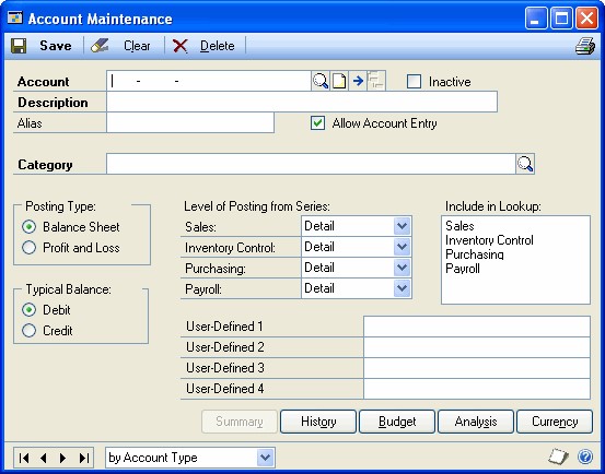 Screenshot that shows the Account Maintenance window.