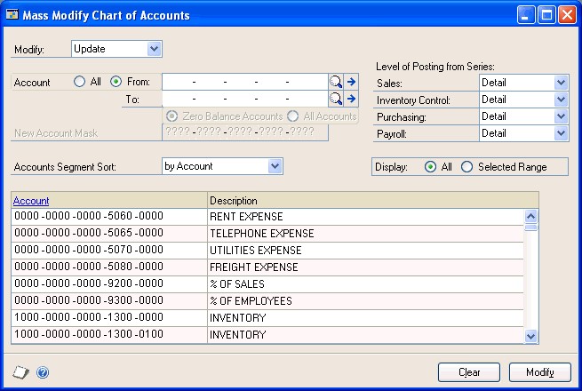 Screenshot that shows the Mass Modify Chart of Accounts window.