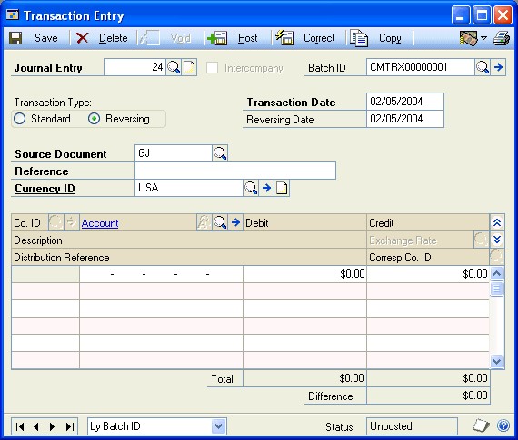 Screenshot of the Transaction Entry window.