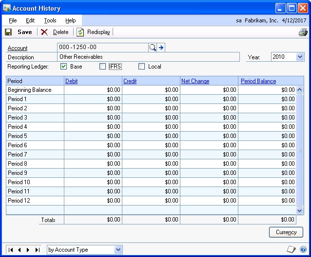 Screenshot that shows the Account History window.