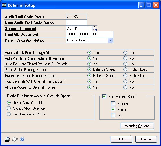 Screenshot that shows the Deferral Setup window.
