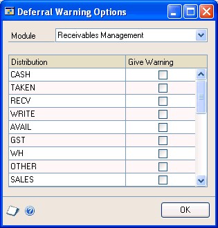Screenshot that shows the Deferral Warning Options window.
