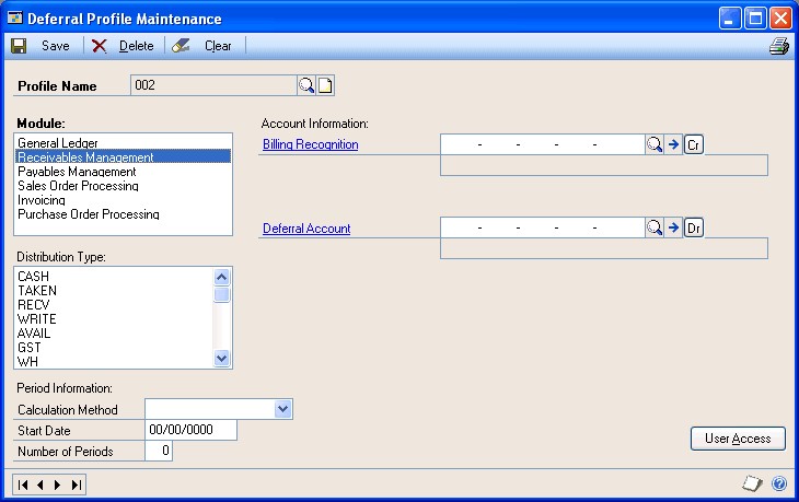 Screenshot that shows the Deferral Profile Maintenance window.