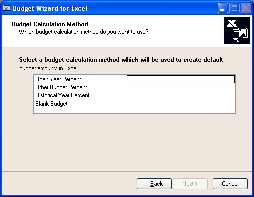 Screenshot that shows the Budget Calculation Method window.