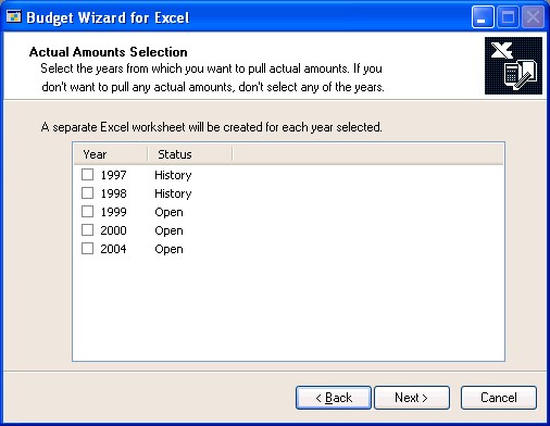 Screenshot that shows the Actual Amounts Selection window.