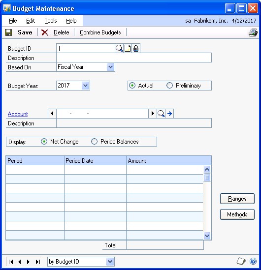 Screenshot that shows the Budget Maintenance window.