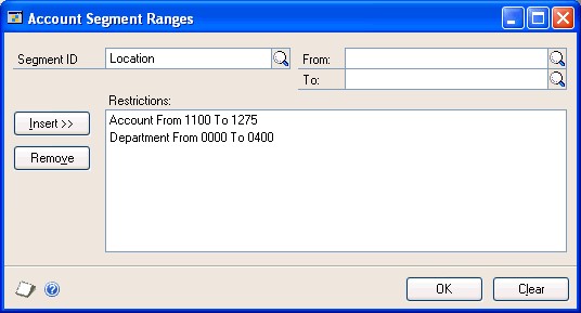Screenshot that shows the Account Segment Ranges window.