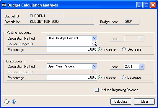 Screenshot that shows the Budget Calculation Methods window.