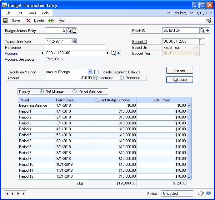 Screenshot that shows the Budget Transaction Entry window.