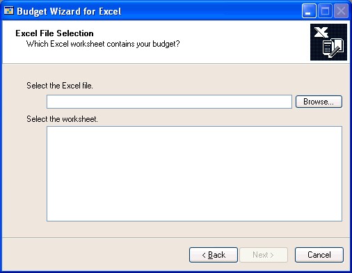 Screenshot that shows the Excel File Selection window.