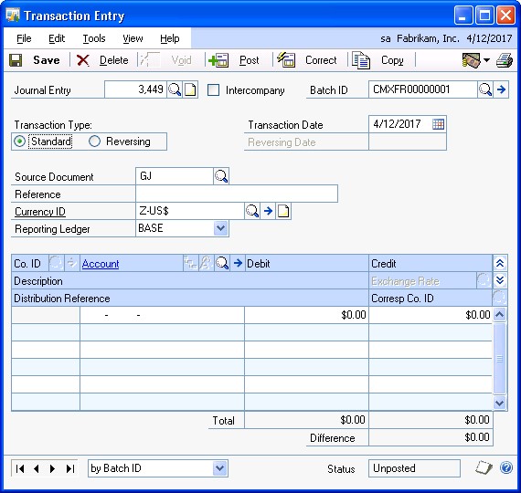 Screenshot that shows the Transaction Entry window.