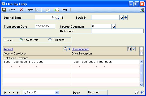 Screenshot that shows the Clearing Entry window.