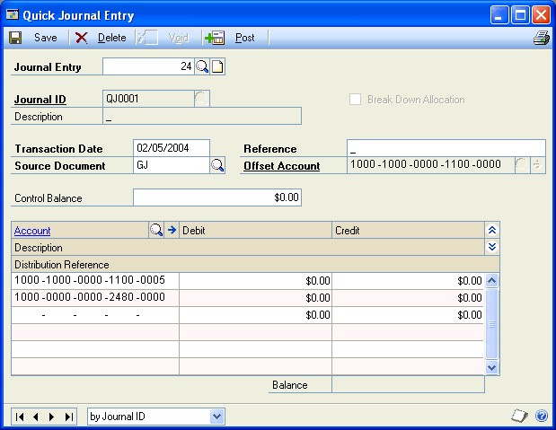 Screenshot that shows the Quick Journal Entry window.