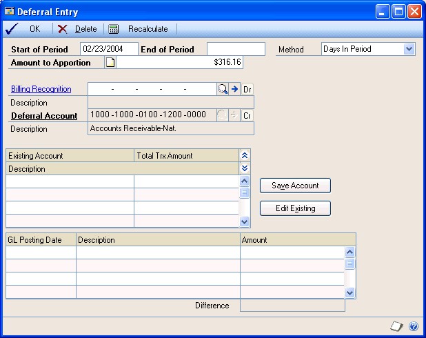 Screenshot that shows the Deferral Entry window.