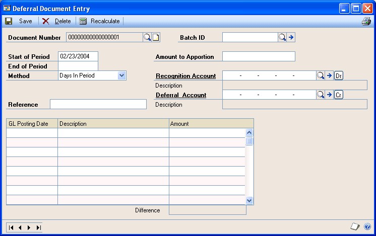 Screenshot that shows the Deferral Document Entry window.