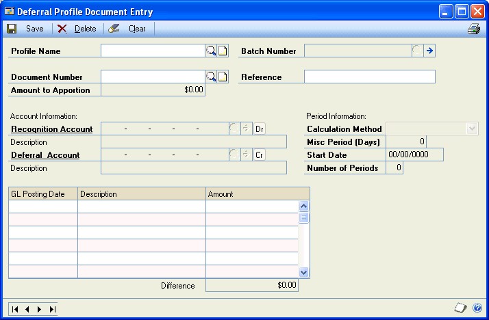 Screenshot that shows the Deferral Profile Document Entry window.