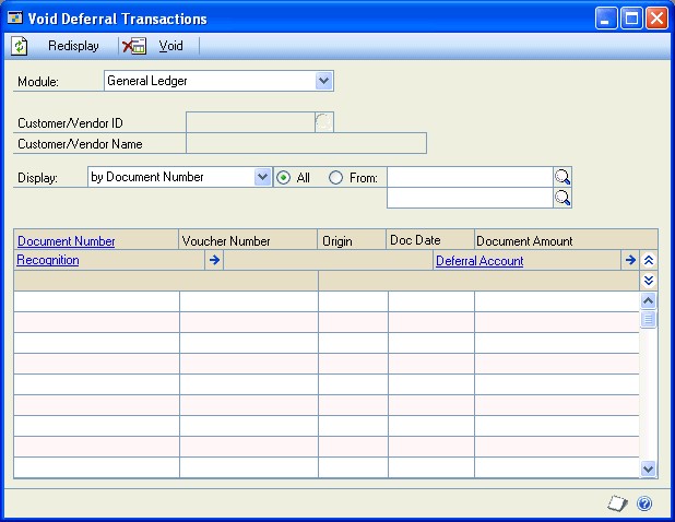 Screenshot that shows the Void Deferral Transactions window.