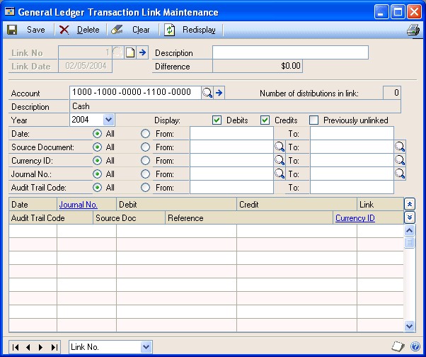 Screenshot that shows the General Ledger Transaction Link Maintenance window.