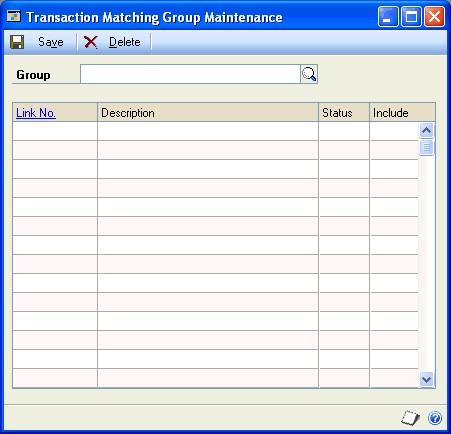 Screenshot that shows the Transaction Matching Group Maintenance window.