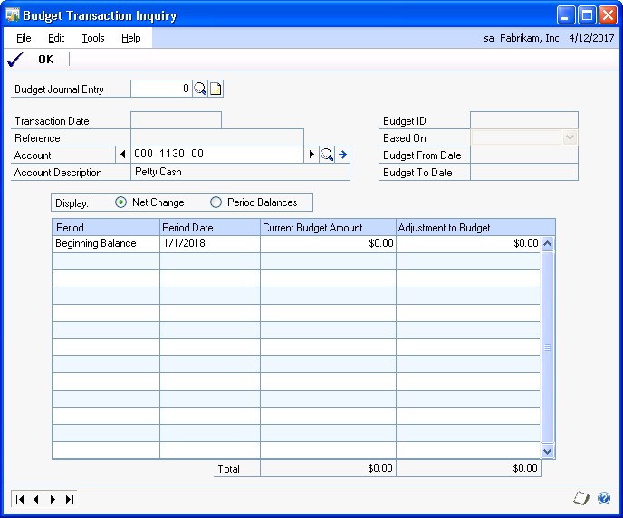 Screenshot that shows the Budget Transaction Inquiry window.