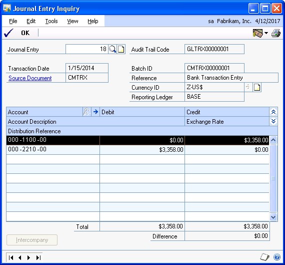 Screenshot that shows the Journal Entry Inquiry window.