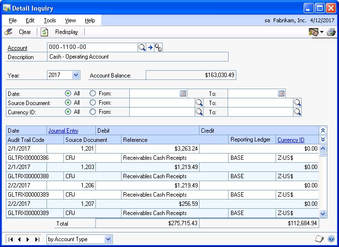 Screenshot that shows the Detail Inquiry window.