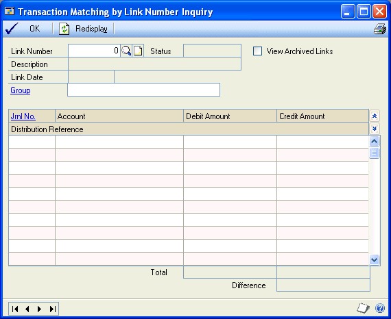 Screenshot that shows the Transaction Matching by Link Number Inquiry window.